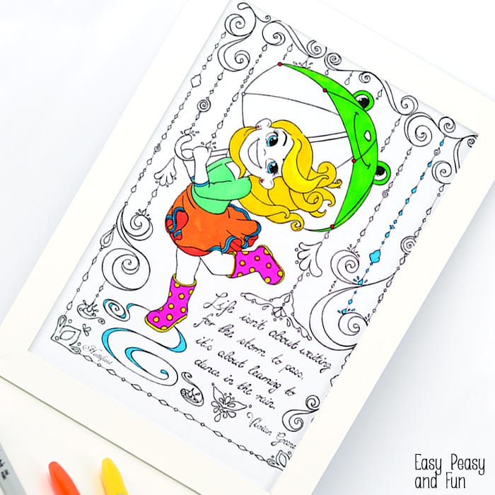 Dancing in the Rain Coloring Page with a Quote for Kids and Adults