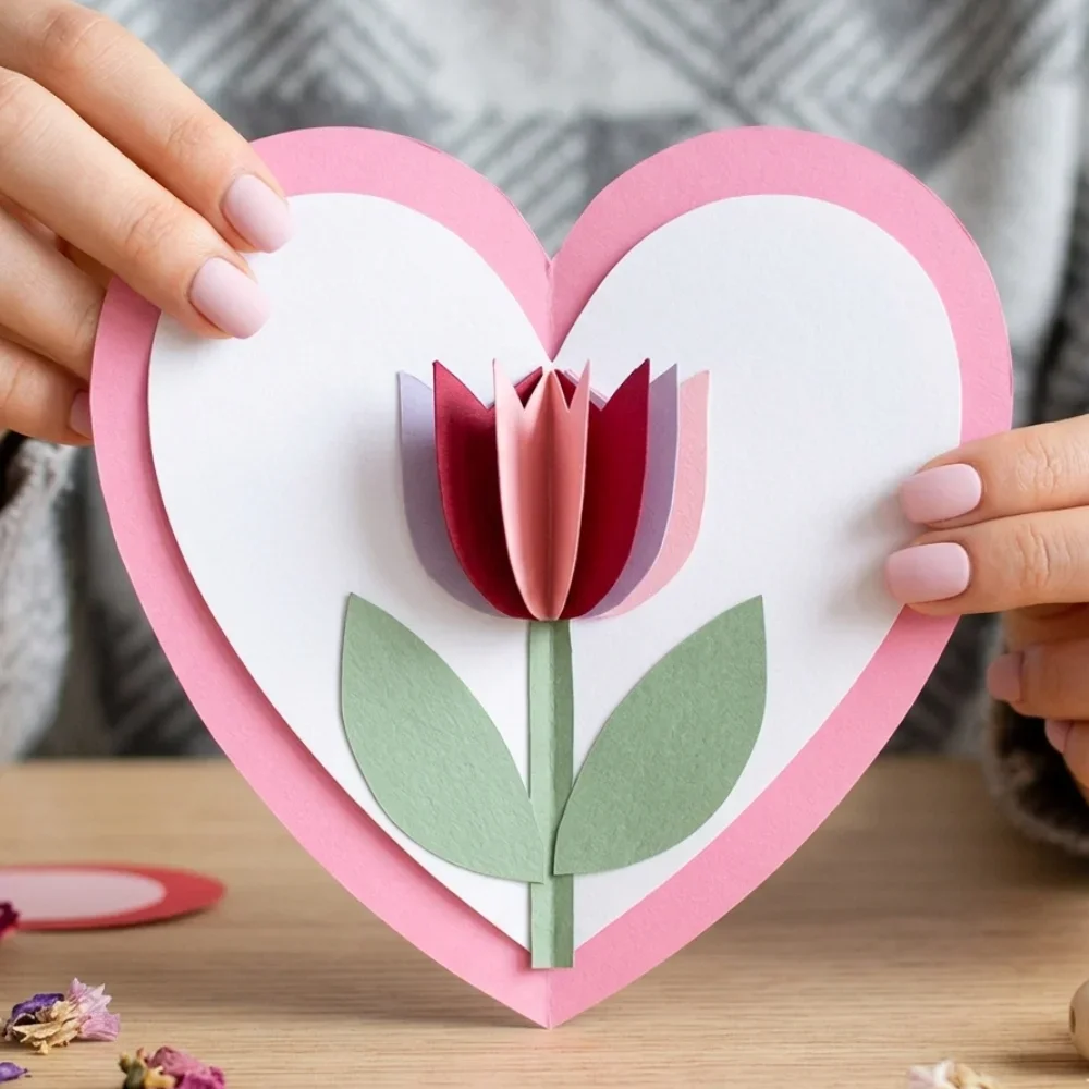 A 3D paper tulip blooming from the center of a pink and white heart-shaped card, held by a person over a wooden table with craft supplies.
