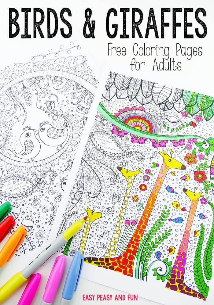 Birds and Giraffes Coloring Pages for Grown Ups - As adults love coloring too!