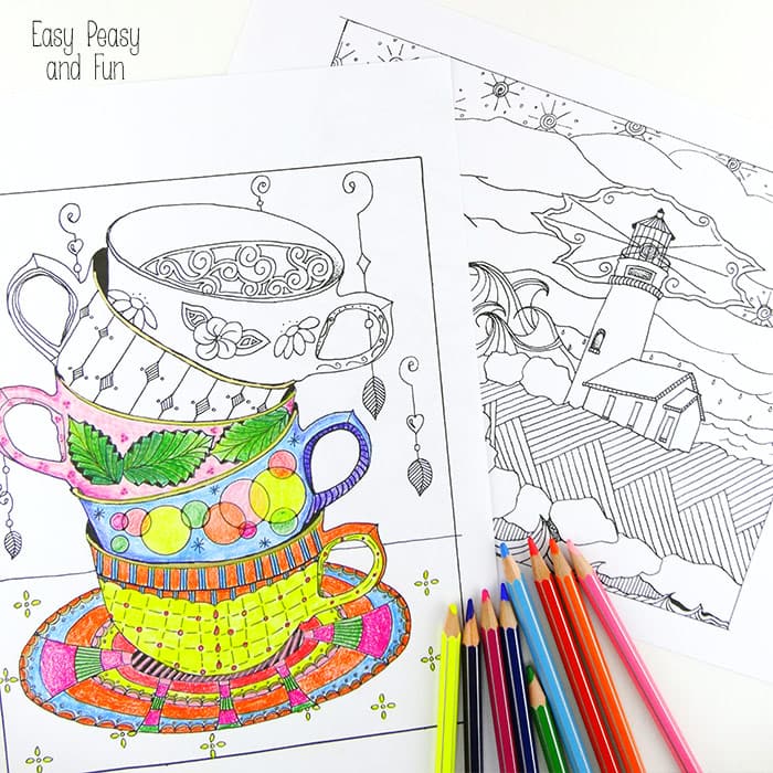 Lighthouse and Tea Cups Coloring Pages for Adults