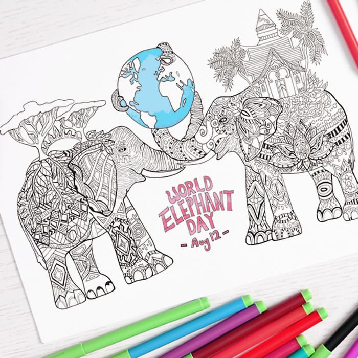 Free Elephant Coloring Page for Adults Support World Elephant Day