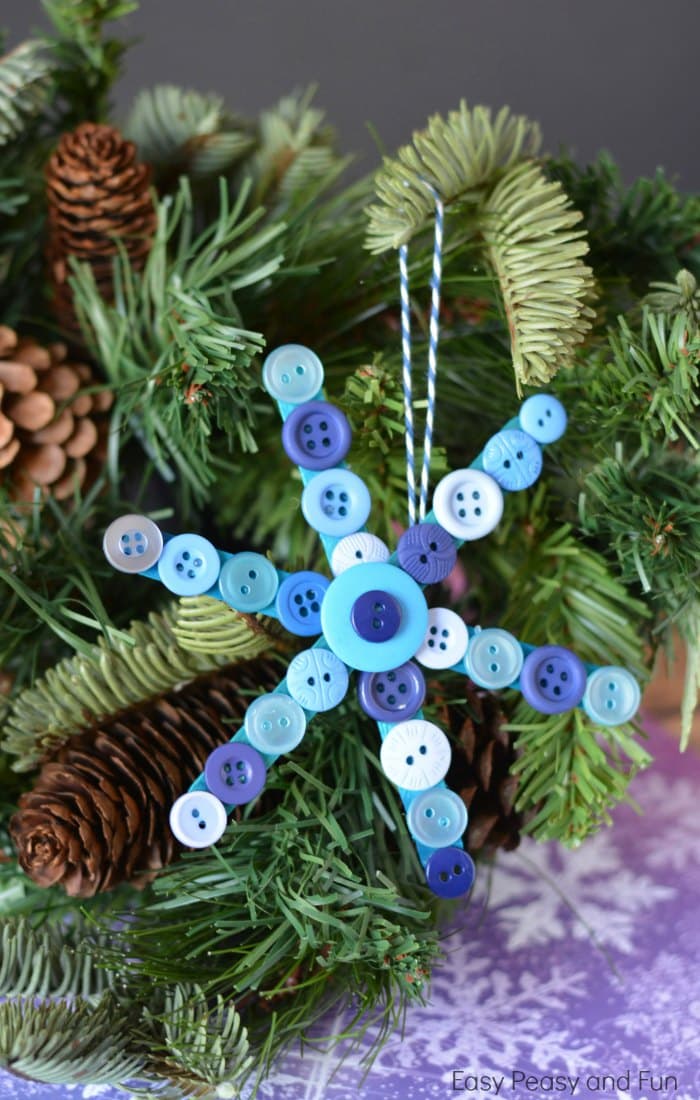 Craft Stick and Button Snowflake Christmas Ornament For Kids to Make