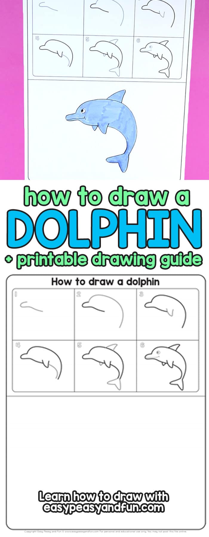 Learn how to jump out of the water and draw a dolphin - step by step tutorial for kids