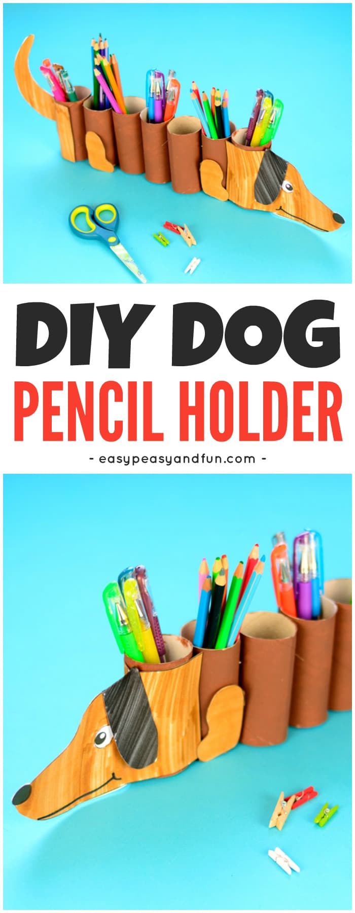 DIY paper roll dog pencil holder craft with dog template, suitable for children