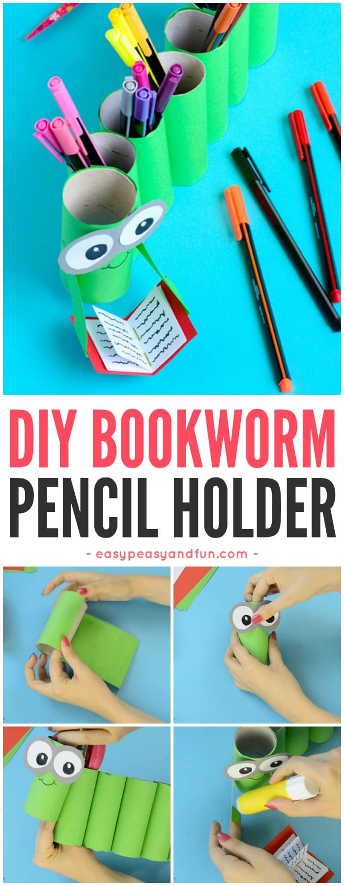 DIY Bookworm Paper Roll Pencil Holder Back to School Crafts for Kids