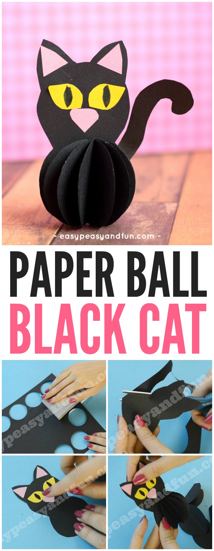 Cute Paper Ball Black Cat Halloween Craft for Kids