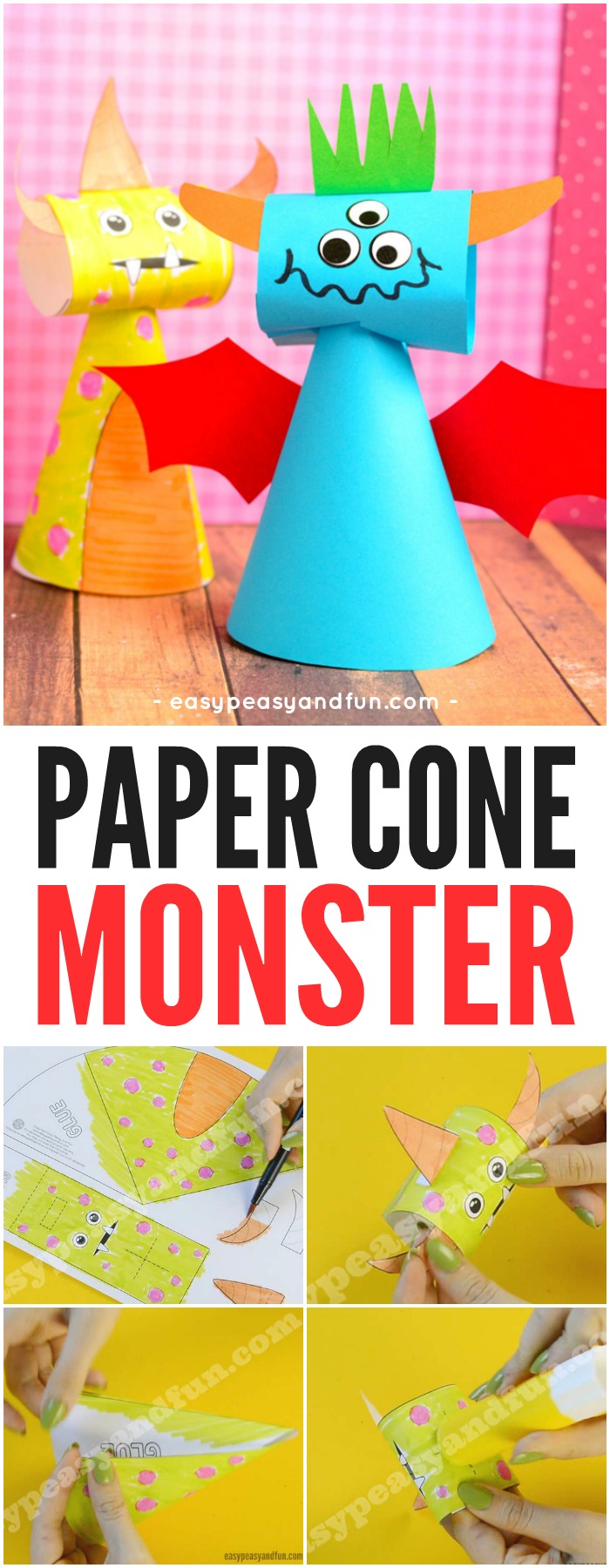 Children's paper cone monster craft. Funny paper Halloween kids idea.