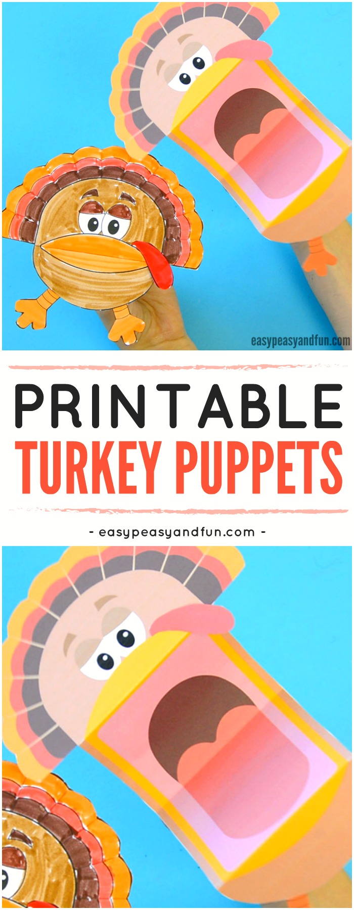 Printable Turkey Puppets Craft for Kids. Super Fun Thanksgiving and Fall Activity for Kids. #Craftforkids #Thanksgivingcraftforkids #Printablepuppets