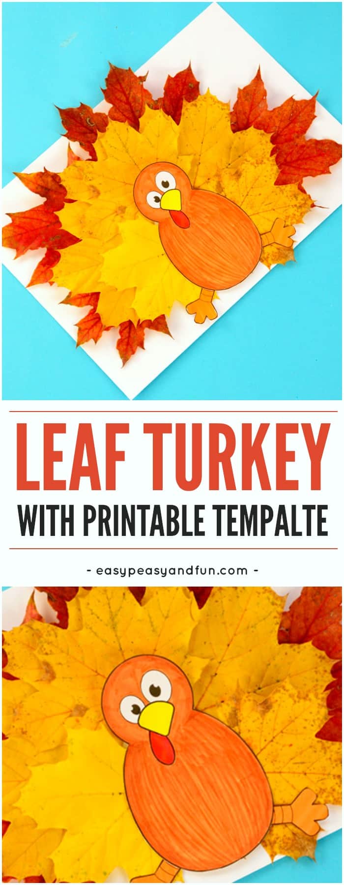 Turkey leaf craft for kids with template. Fun Fall craft project for kids to make at home or classroom.