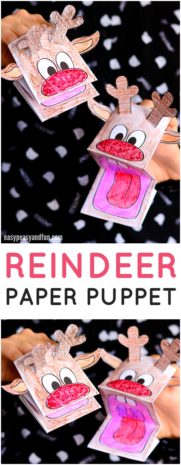 Printable reindeer paper puppet.  Fun Christmas craft idea for kids.