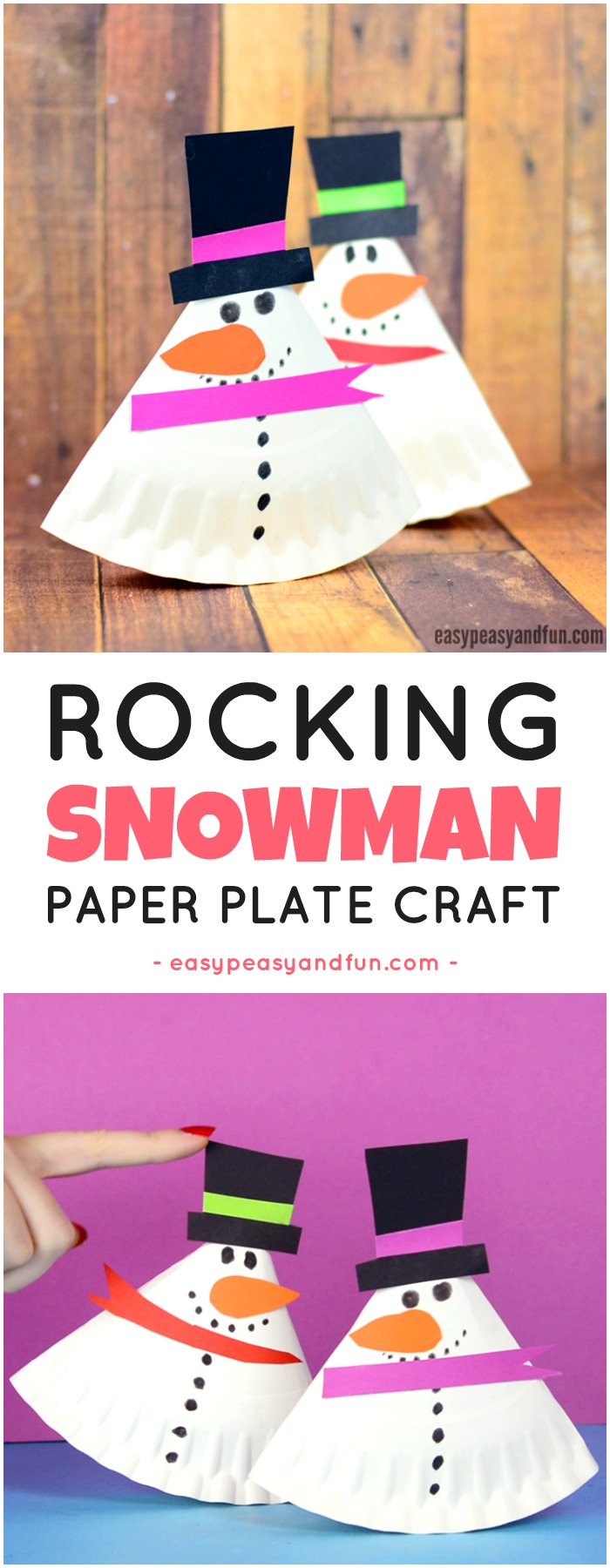 Rocking paper plate Snowman for children.  Fun paper plates for kids to make.