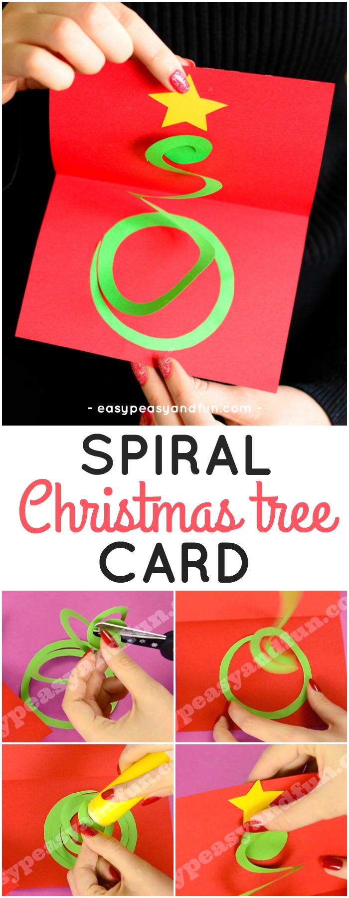 Spiral Christmas Tree Card Idea. Fun Christmas paper craft for kids to make. #Christmascraftsforkids #papercraftsforkids #DIYChristmascard