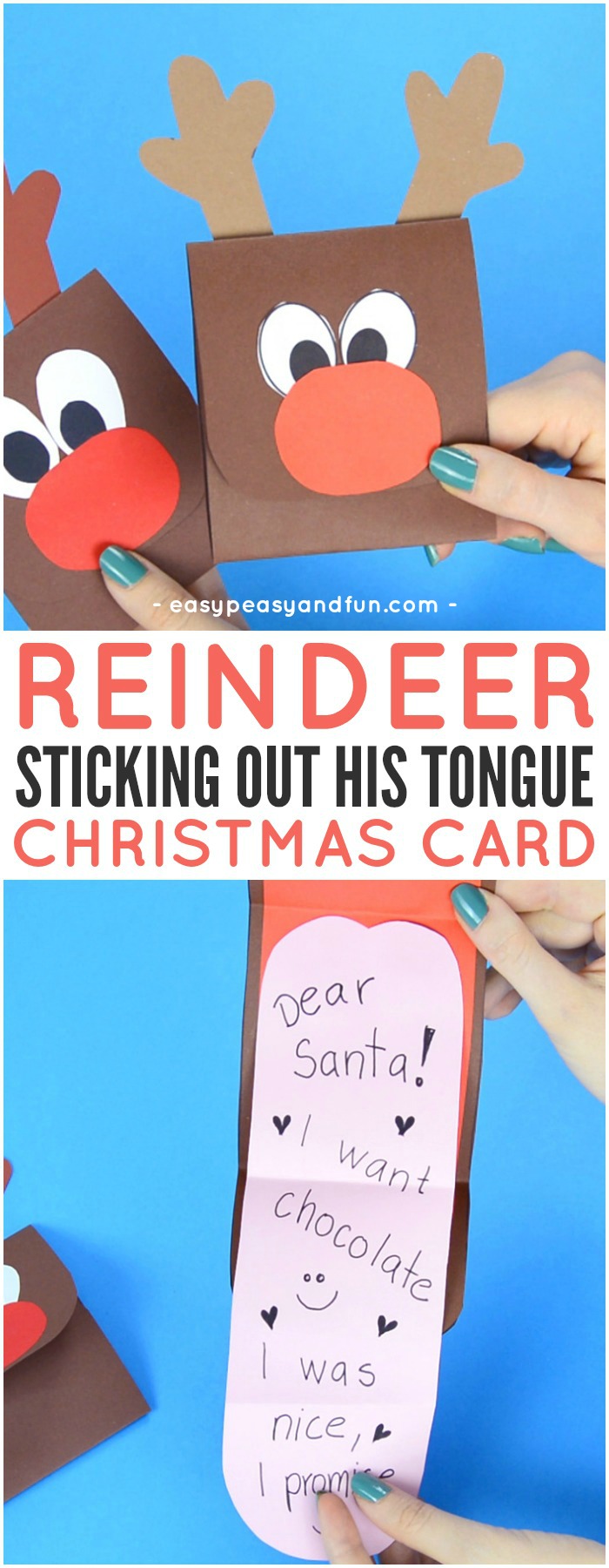 DIY reindeer sticks out tongue to make Christmas card paper model for kids