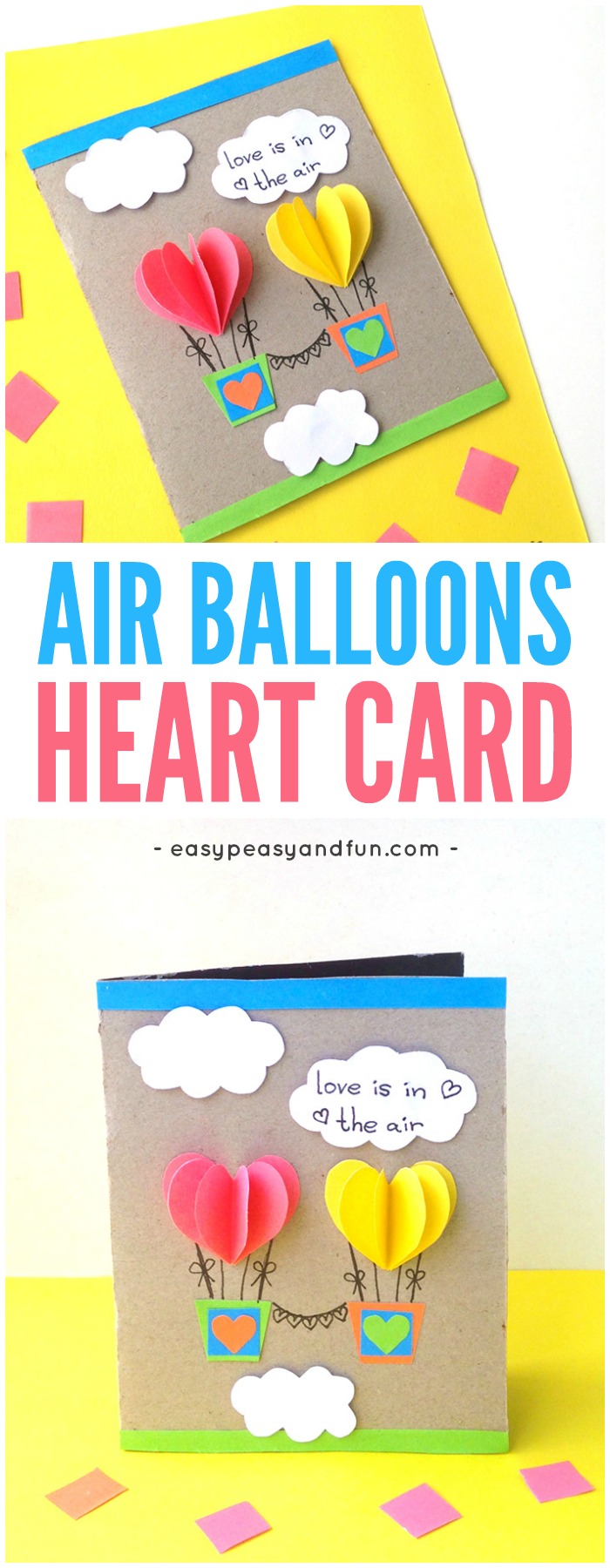 Heart-shaped balloon card craft ideas made by children #Valentinesdaycrafts #craftsforkids #papercraftsforkids