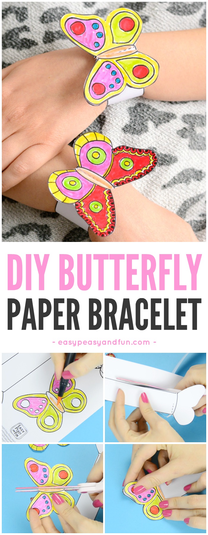 DIY Butterfly Paper Bracelets for Kids #papercrafts #butterflycrafts #Springcrafts