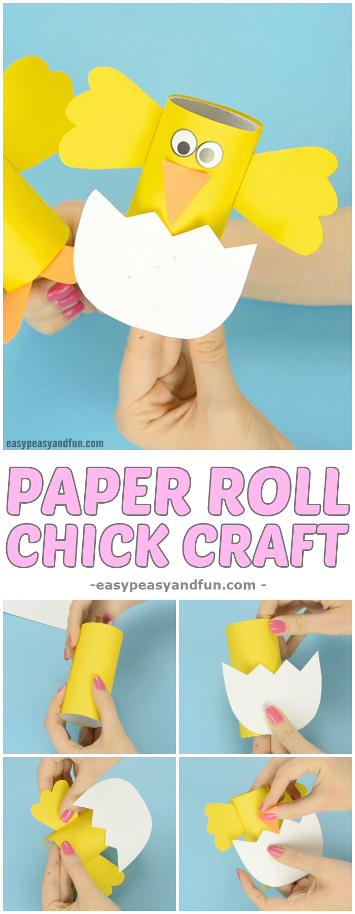 Chick paper scroll craft.  Fun Easter craft idea for kids.  #eastercrafts #chickcrafts #toilelpaperrollcrafts