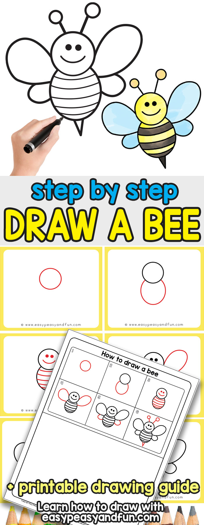 How to Draw a Bee - Easy step by step drawing tutorial for kids and beginners