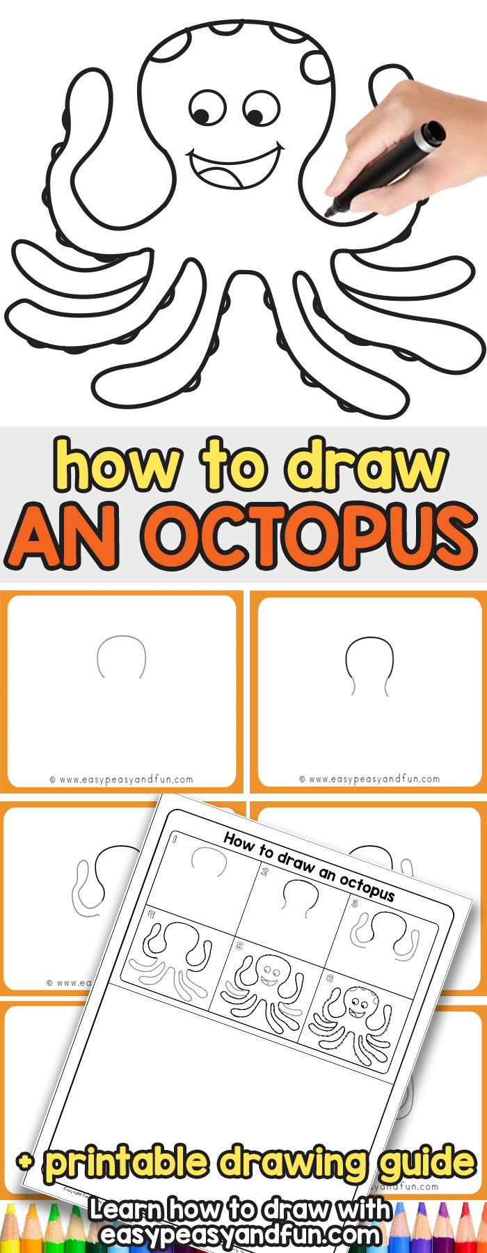 How to Draw Cartoon Octopus - Step by Step Drawing Tutorial for Kids
