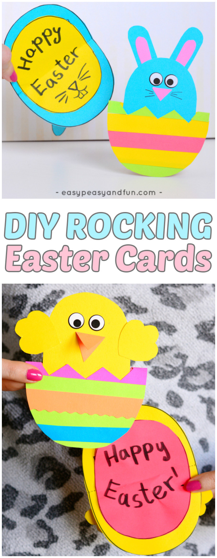 The most adorable DIY Easter cards - #colorize #ad with a waving chick and rabbit waving and opening
