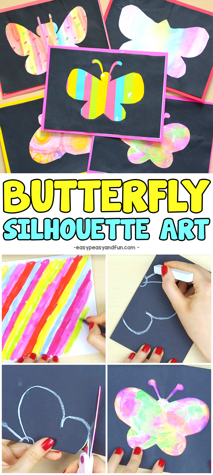 Butterfly silhouette art super fun Spring craft idea for kids. #craftsforkids #artideasforkids #butterflycrafts