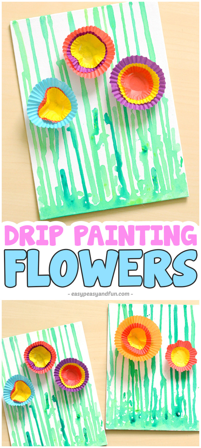 Drip painting flowers art activity for kids. #artforkids #craftforkids #flowercrafts
