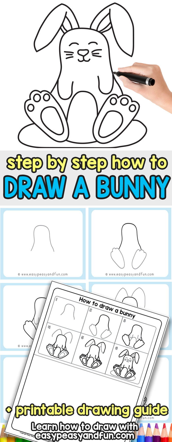 Learn to draw a rabbit.  Simple step by step tutorial that will show you how to draw a cute and easy bunny.