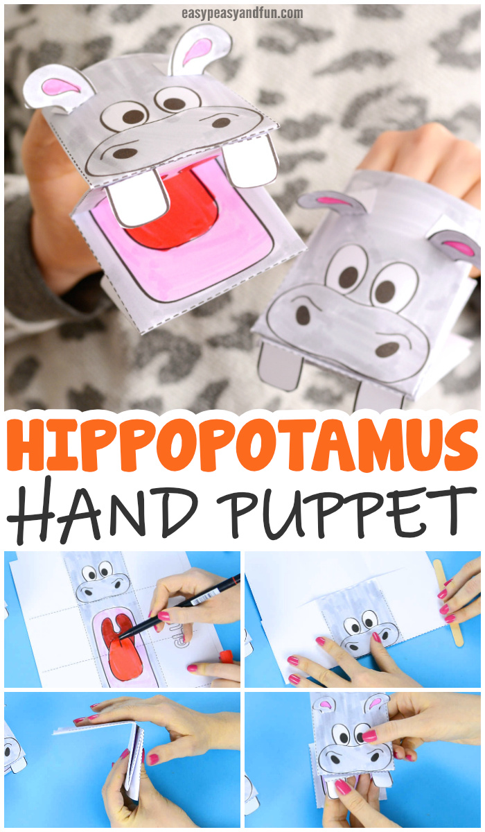 Hippo Puppet Pattern Printable Paper Craft Idea for Kids