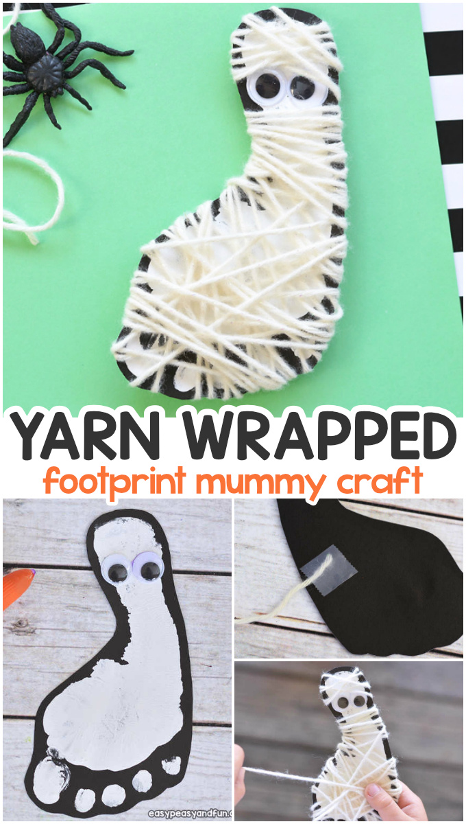 Yarn wrapped footprint mummy craft for kids. Fun Halloween activity for kids.