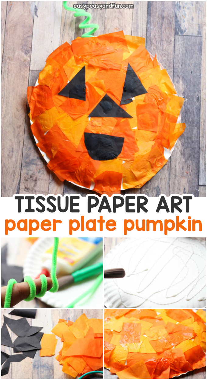 Mosaic pumpkin paper plate craft. A fun Halloween craft project for kids.