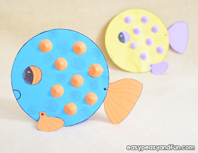 Paper pufferfish crafts made by children