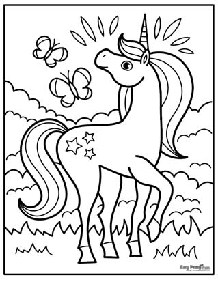 Unicorn and Butterlfies Coloring Page