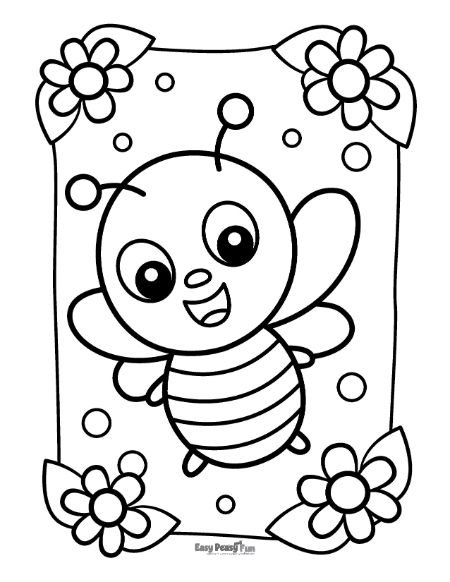 Easy Bee and Flowers Coloring Page