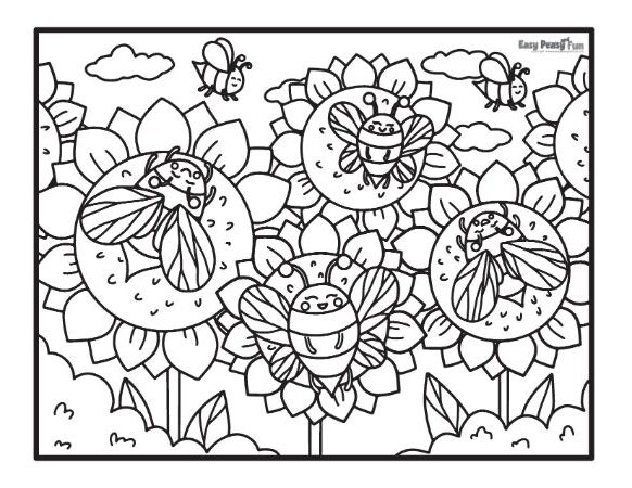 Bees Sleeping on Sunflowers Coloring Sheet