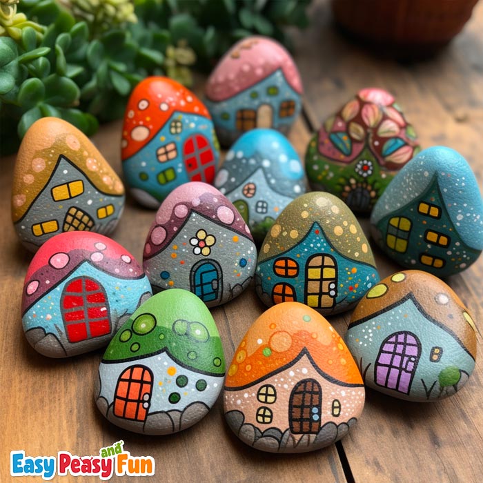 Rocks painted as houses