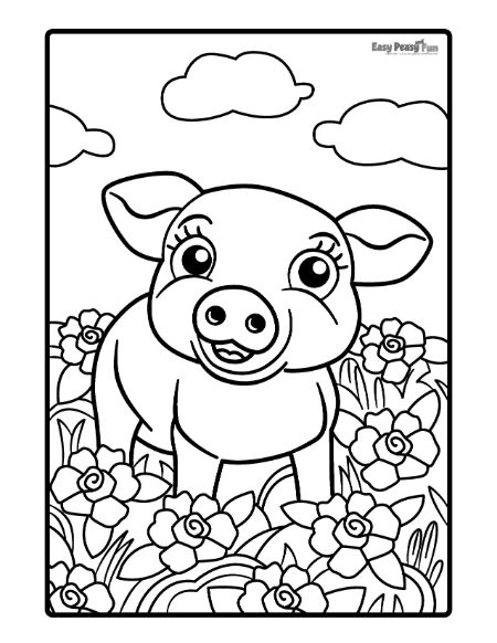 Pig Surrounded by Flowers