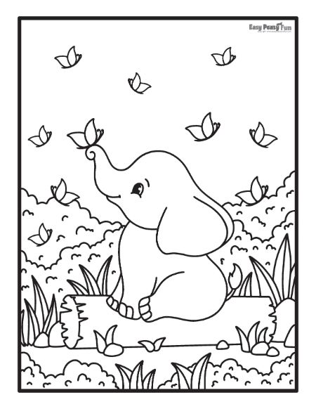 Elephant with Butterflies Illustration to Color