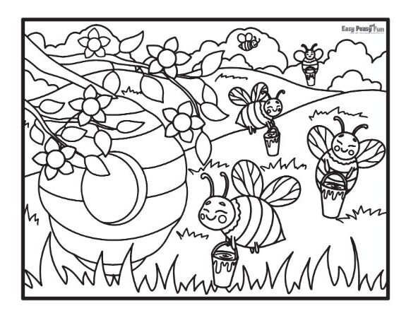 Bees Collecting Nectar Coloring Sheet