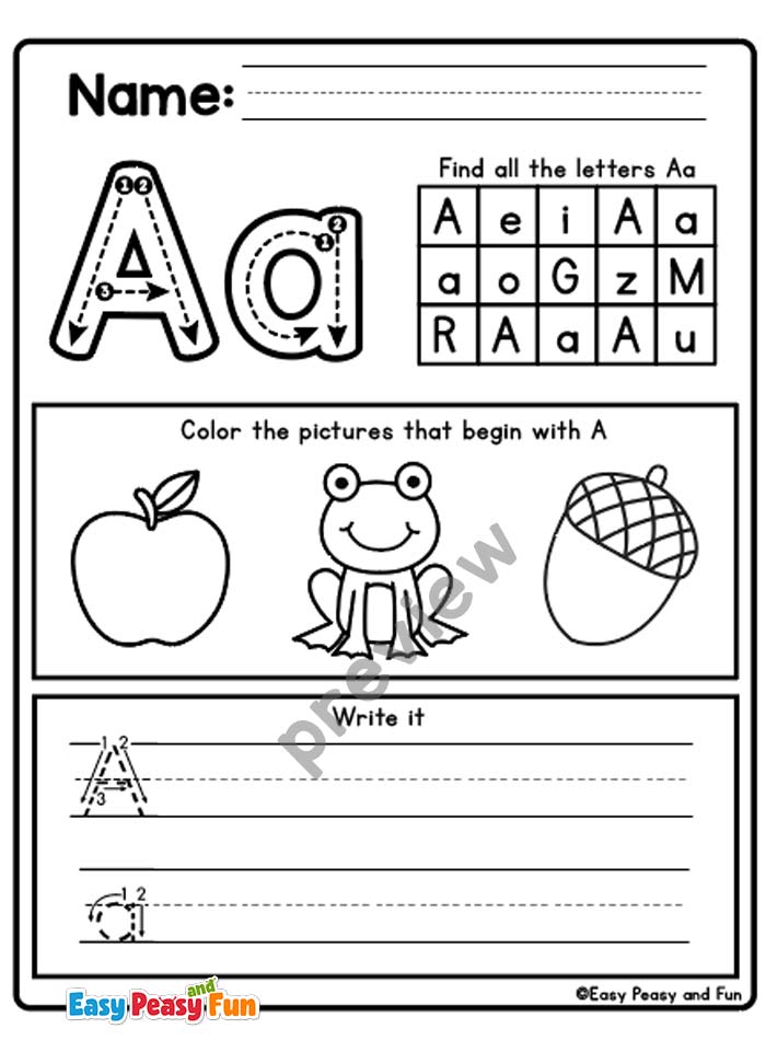 Review the letter a worksheets