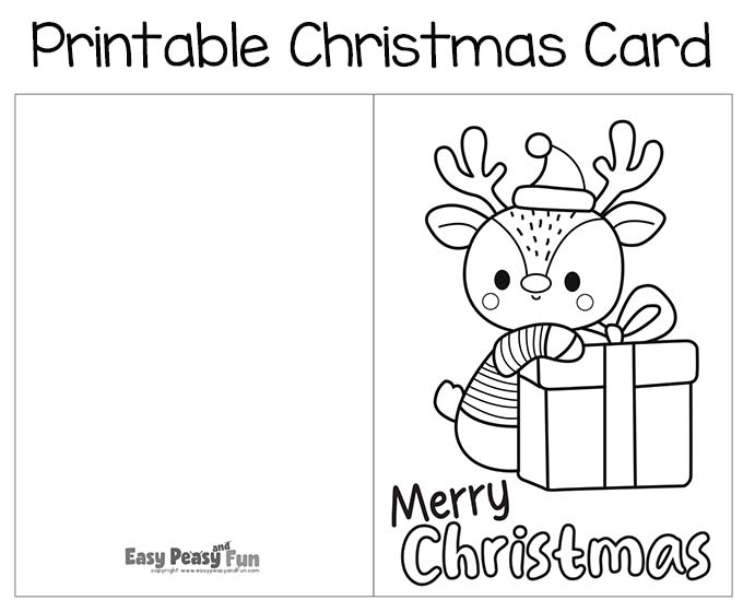Reindeer with present Printable Christmas Card to Color