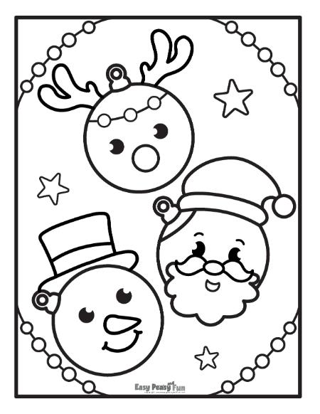 Santa Penguin and Reindeer Christmas Ornament Illustration to Color