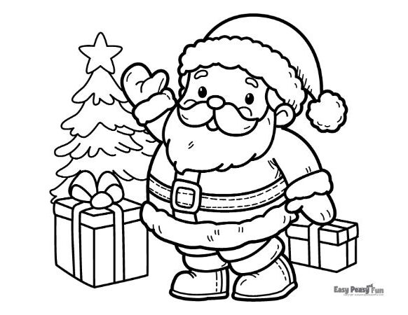 Christmas Tree and Santa Claus Coloring Page