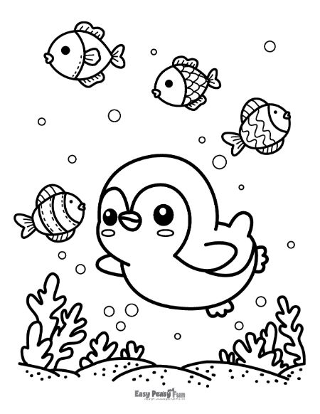 Fish and penguin coloring page