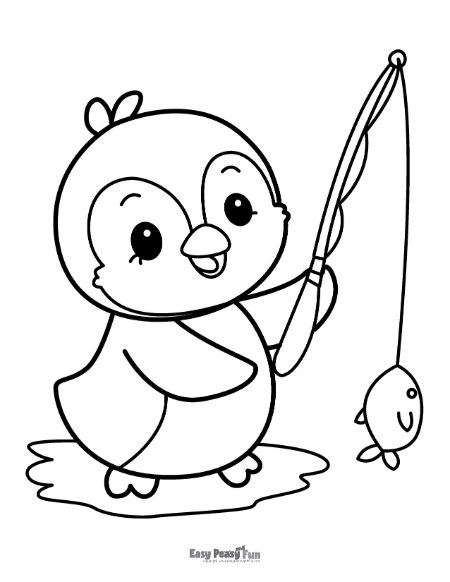 Penguin catching fish coloring page