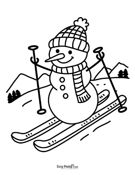 Snowman Skiing on a Hill to Color