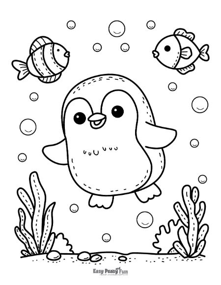 Penguin swimming with fish coloring sheet