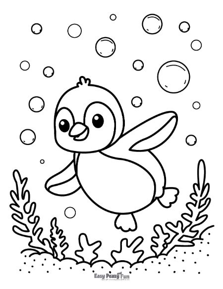Image of a  swimming underwater penguin coloring page