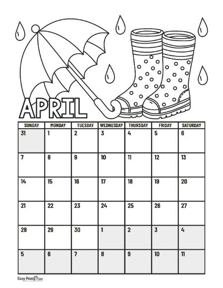 April Calendar to Color