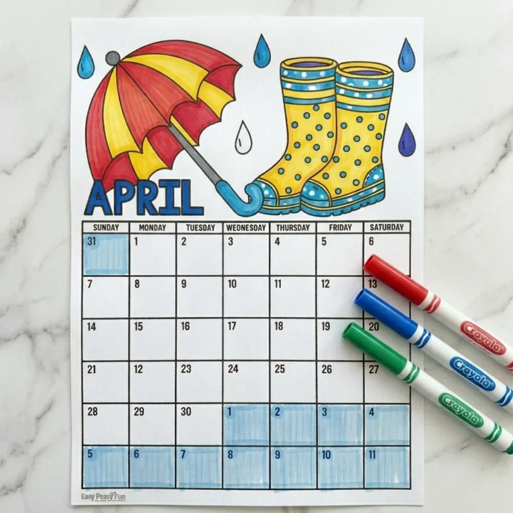 Colored April Calendar Coloring Page
