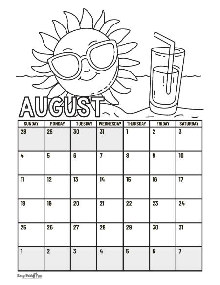August Calendar to Color