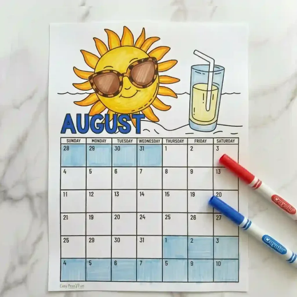 Colored August Calendar Coloring Page